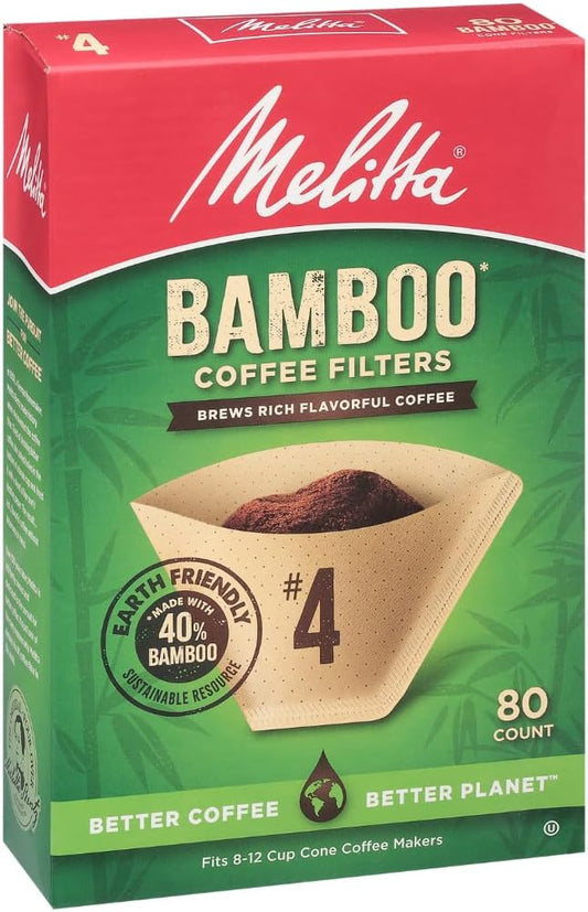 Melitta #4 Bamboo Coffee Filters, Natural Paper Cone Filters, 6-Pack