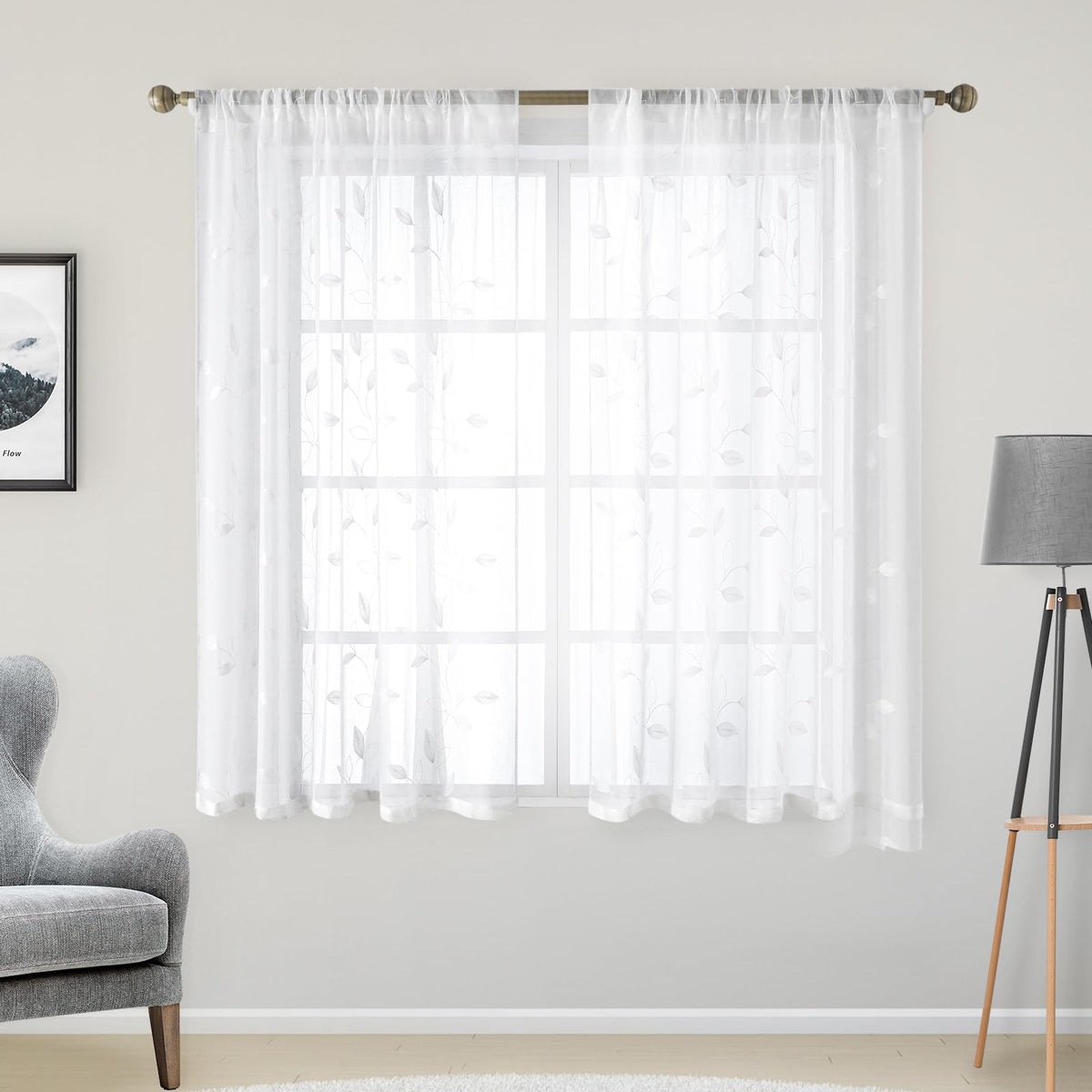 HOMEIDEAS Sage Green Kitchen Tier Curtains Leaf Embroidered, 30x36, 2 Panel