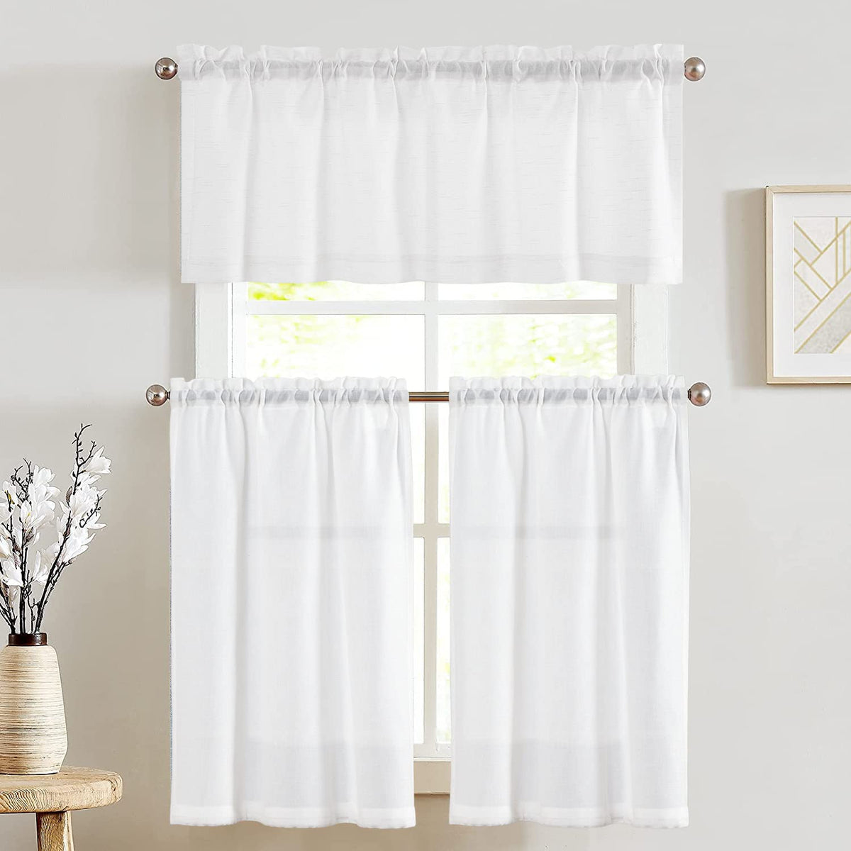 jinchan Linen Pinch Pleated Back Tab Tier Curtains, 26x24, Natural