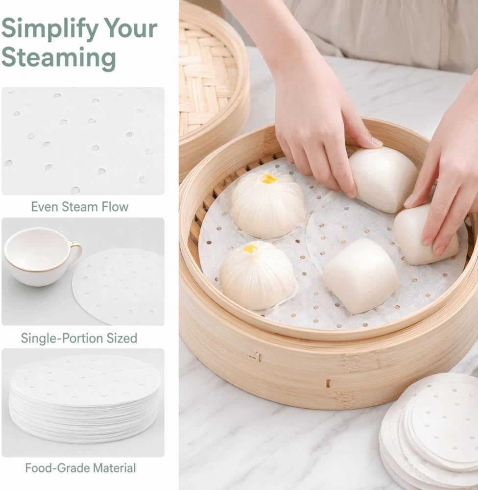 Limen 400Pcs Steamer Cooking Paper Liners, Nonstick Silicone Oil Paper Sheets Under Steam Mat Liners for Buns Dumplings Kitchen Use, White 6.1 Inch