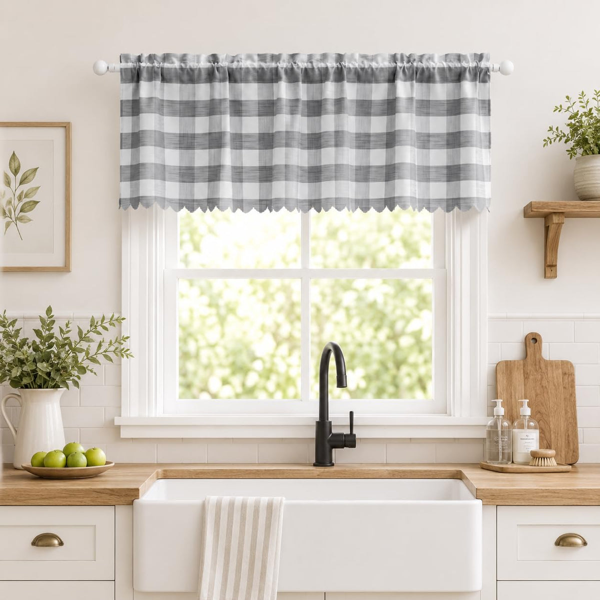 Beda Home Buffalo Check Swag Valance for Kitchen, Coffee/White, 52 x 18 in