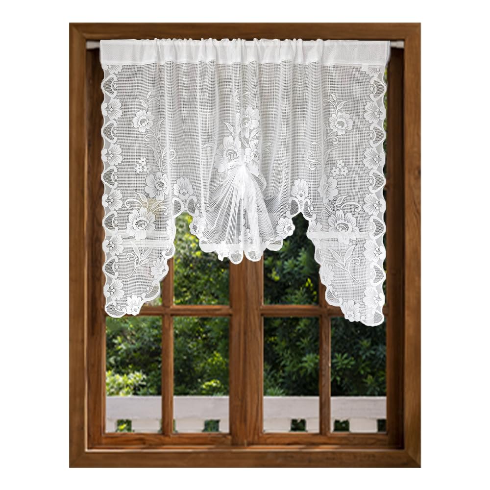 Jayla Beige Semi-Sheer Floral Lace Curtain Swag for Kitchen Half Window Bathroom Decoration Rod Pocket,39 x 39 Inch, 1 Panel