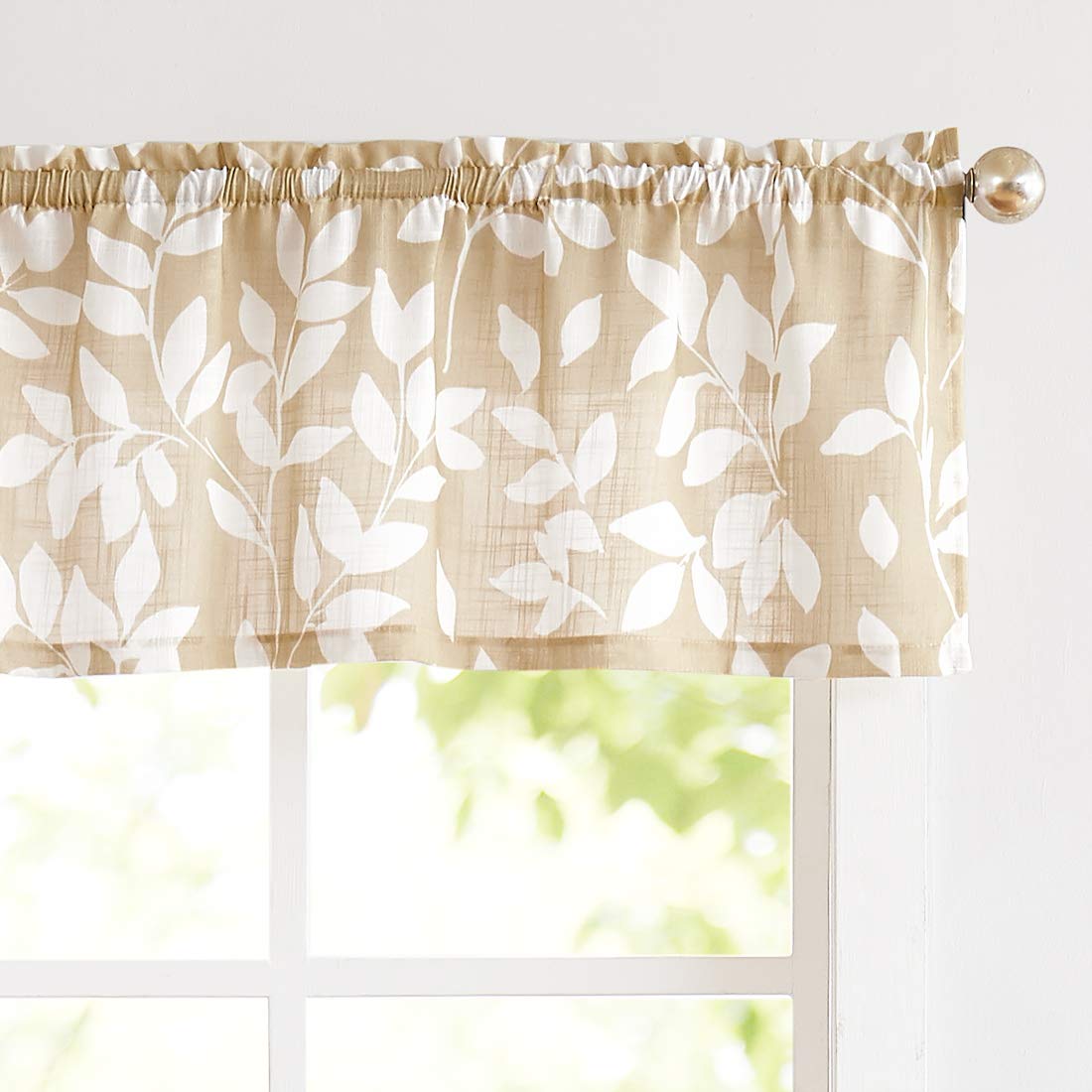 Leaf Kitchen Curtains 36"L Small Tier Window Curtains White Taupe 2pcs