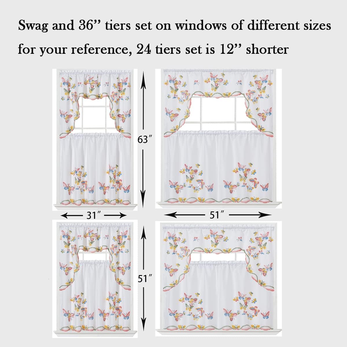 GOHD 3pcs Kitchen Curtain Set,Air-Brushed Butterfly by Hand,24" Tiers Set
