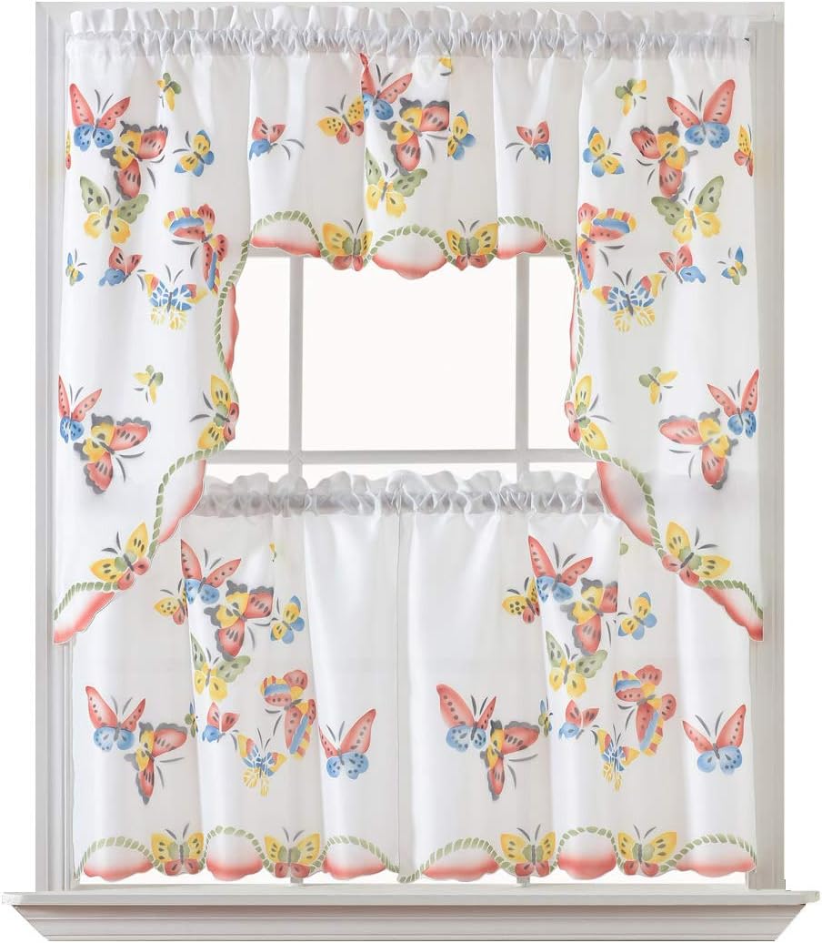 GOHD 3pcs Kitchen Curtain Set,Air-Brushed Butterfly by Hand,24" Tiers Set