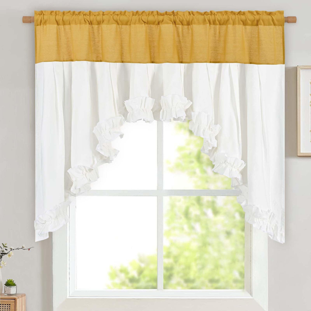 Likiyol Linen Valances for Windows Farmhouse Ruffle Swag Valance Rustic Country Window Valances Light Filtering Kitchen Curtains Rod Pocket Valance Curtains for Bathroom Cafe, Green, 60" W x 36" L