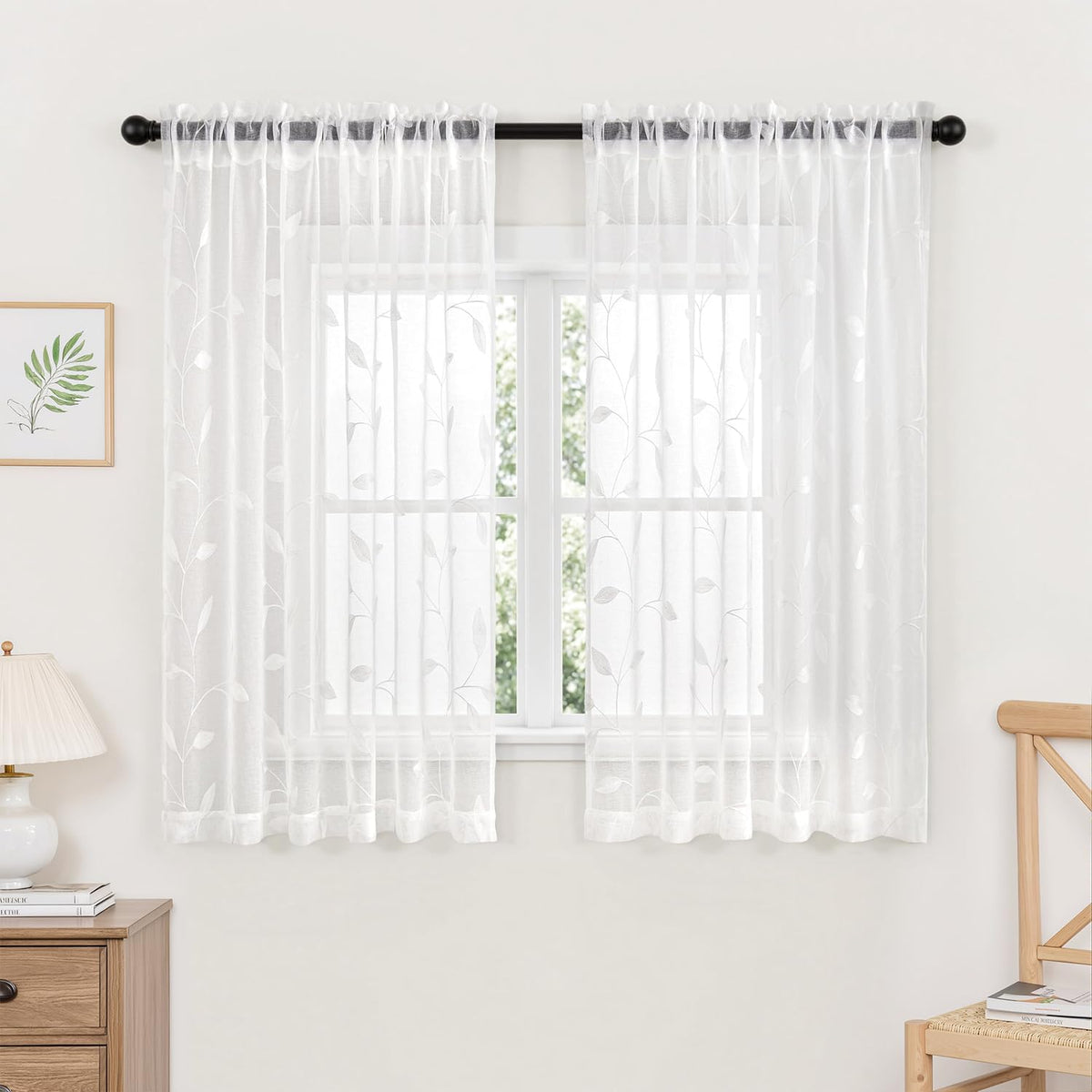 MIULEE Beige Sheer Curtains 2 Panels Embroidered Leaf Patterned, W52 x L63