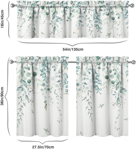 Sage Kitchen Curtain Valance 3 Piece Set, Sage Leaf Floral Kitchen Decor for Home Interior, Farmhouse Style Sink Window Curtains 36 Inch