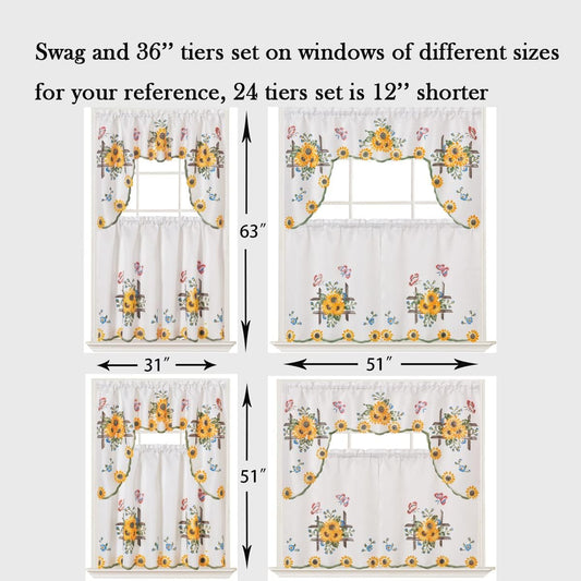 GOHD 3pcs Farmhouse Kitchen Cafe Curtain Set Air Brushed by Hand of Sunflower and Butterfly Design on Thick Satin Fabric (Swag and 36 inches Tiers Set)