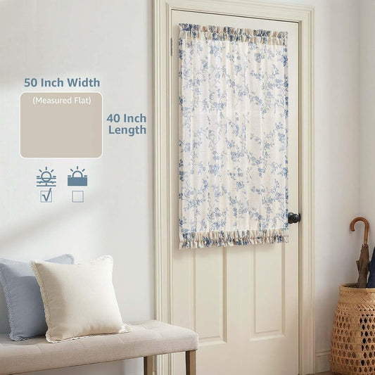 jinchan Blue Linen Floral French Door Curtain 40 Inch Rod Pocket 1 Panel