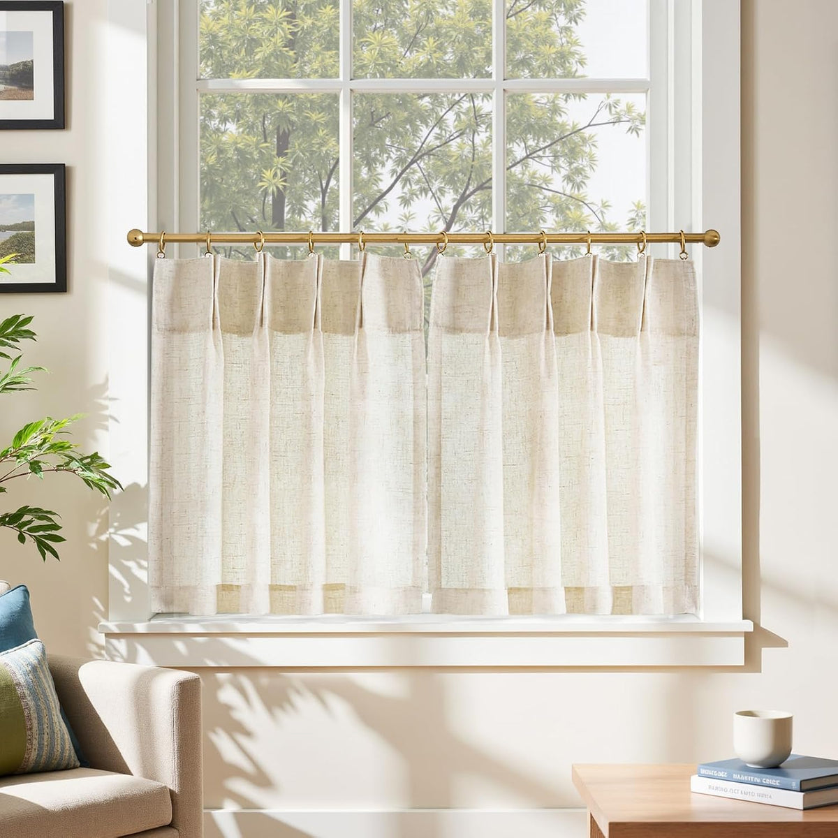jinchan Linen Pinch Pleated Back Tab Tier Curtains, 26x24, Natural