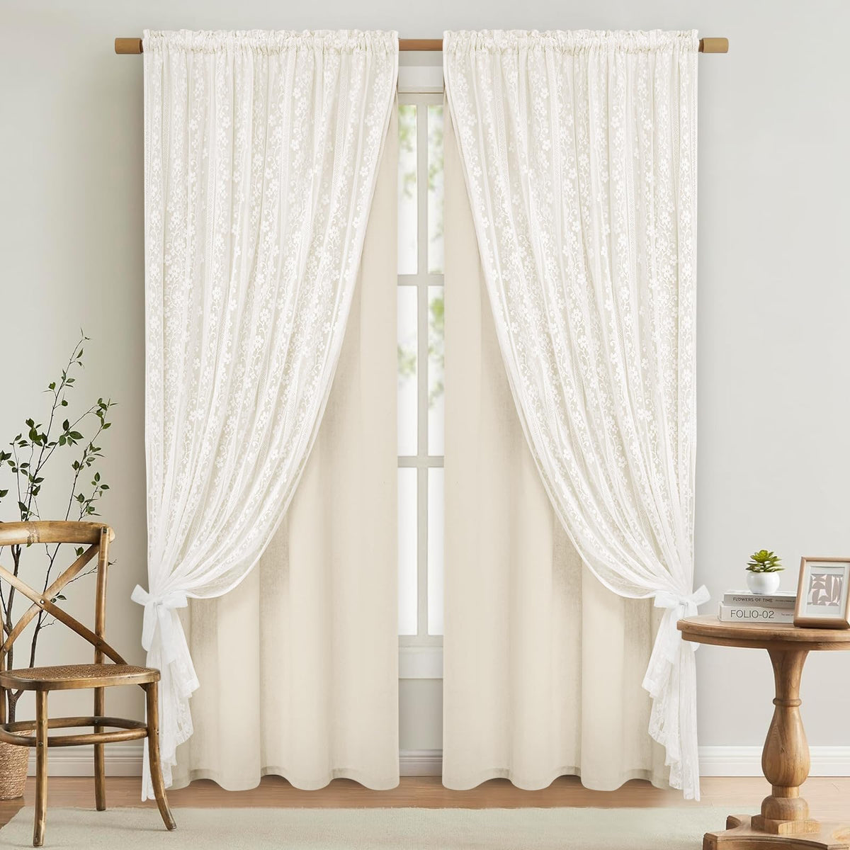 ASPMIZ Linen Kitchen Curtains 36 Inch Length, Double Layered Window Curtain 2 Panel Sets Rod Pocket Short Curtains for Kitchen, Farmhouse Window Treatment Tiers for Bathroom, Cafe, Beige
