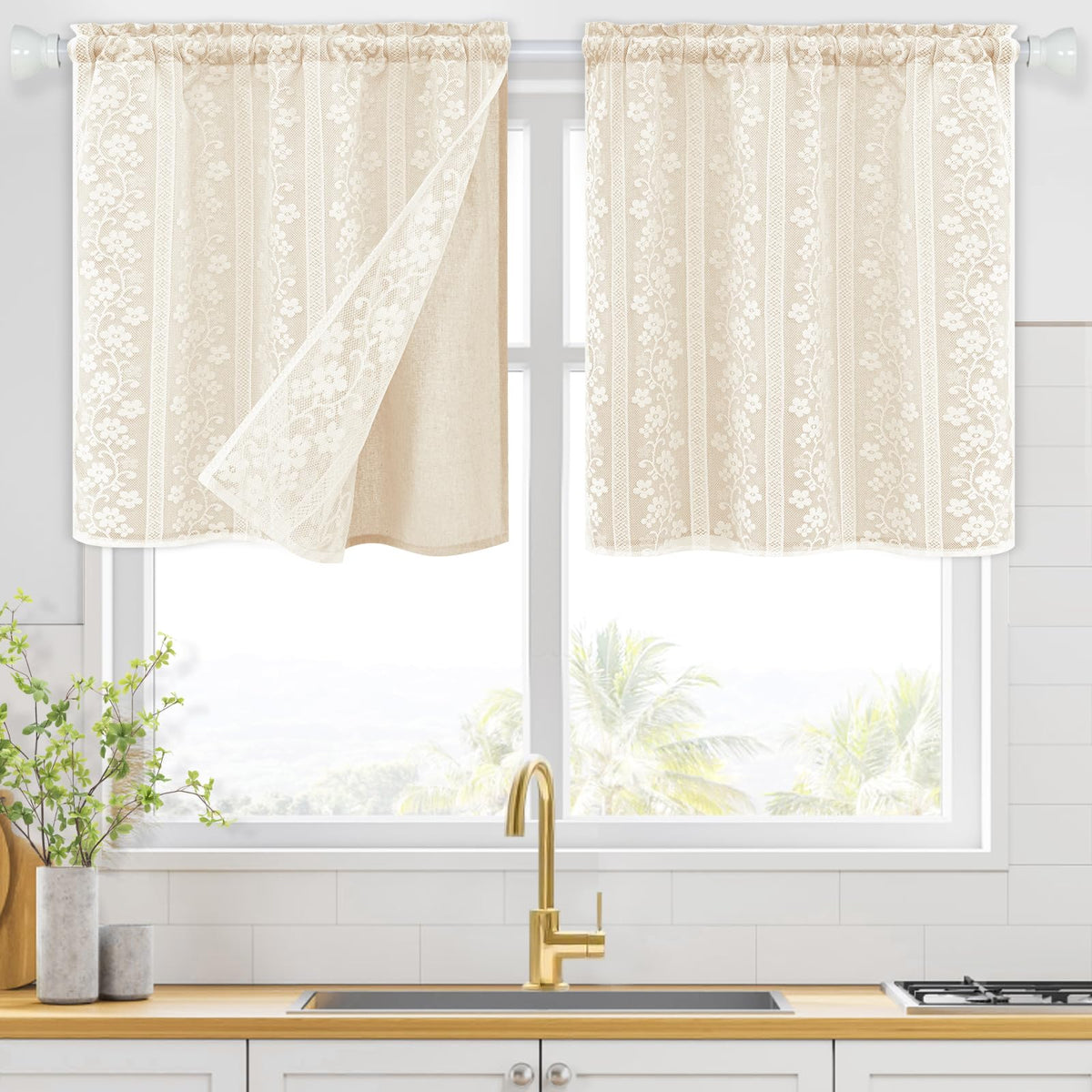 ASPMIZ Linen Kitchen Curtains 36 Inch Length, Double Layered Window Curtain 2 Panel Sets Rod Pocket Short Curtains for Kitchen, Farmhouse Window Treatment Tiers for Bathroom, Cafe, Beige
