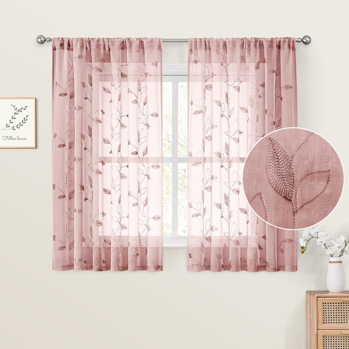 HOMEIDEAS Sage Green Kitchen Tier Curtains Leaf Embroidered, 30x36, 2 Panel