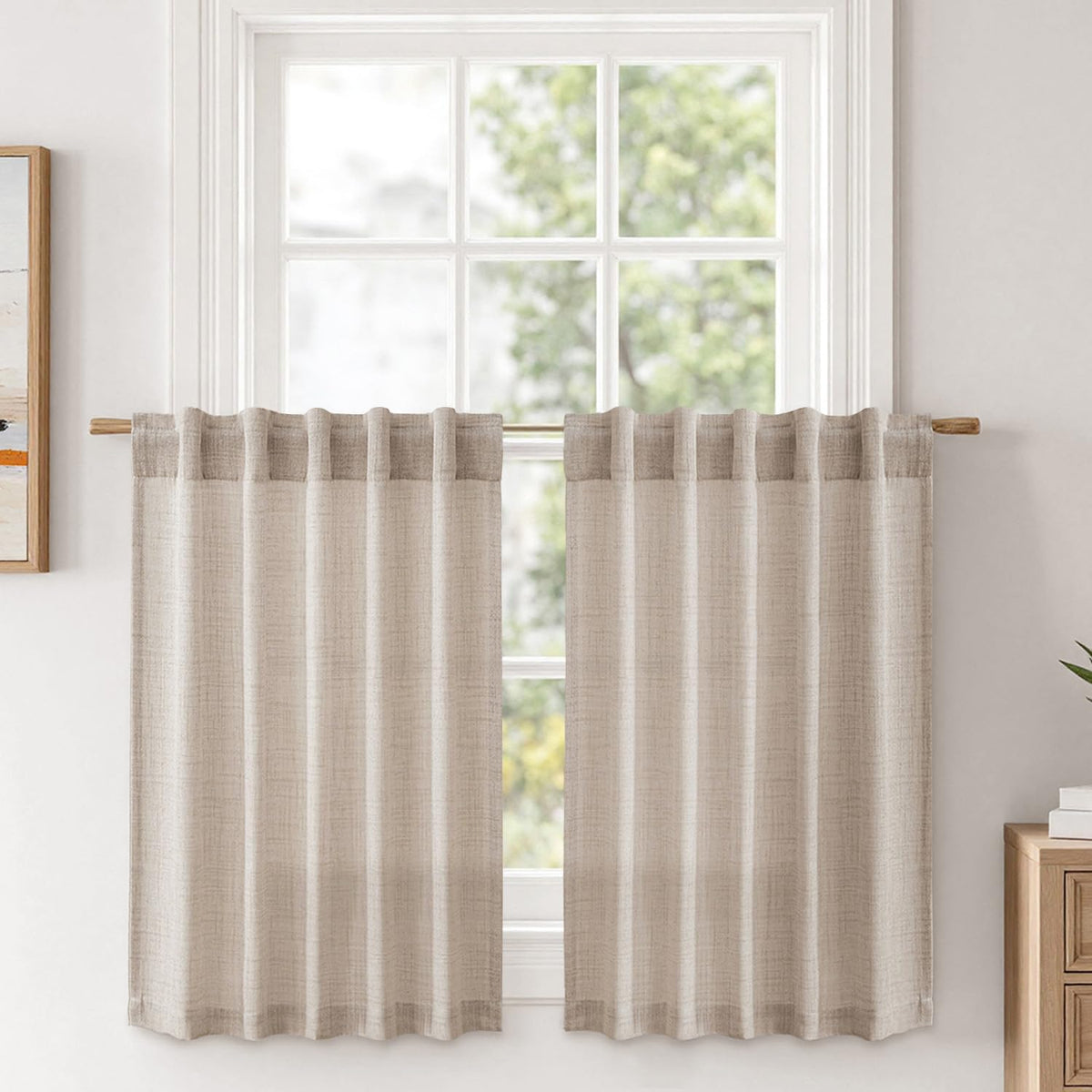 MIULEE 36 Inch Linen Textured Sheer Cafe Curtains Kitchen Window Tan Beige
