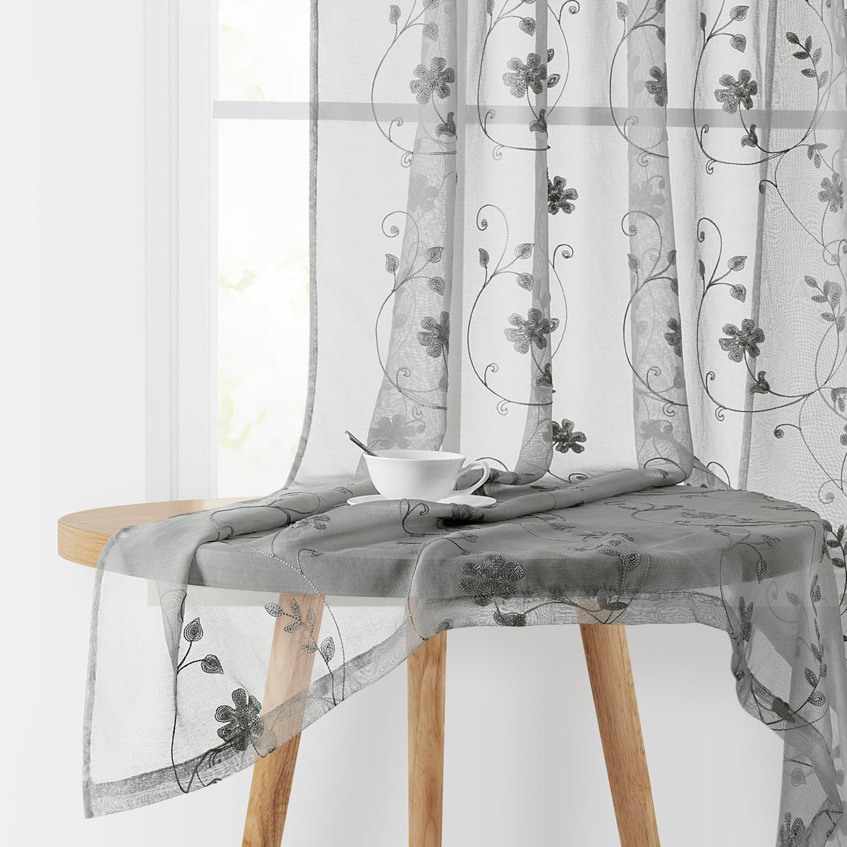 HOMEIDEAS Sage Green Kitchen Tier Curtains Leaf Embroidered, 30x36, 2 Panel
