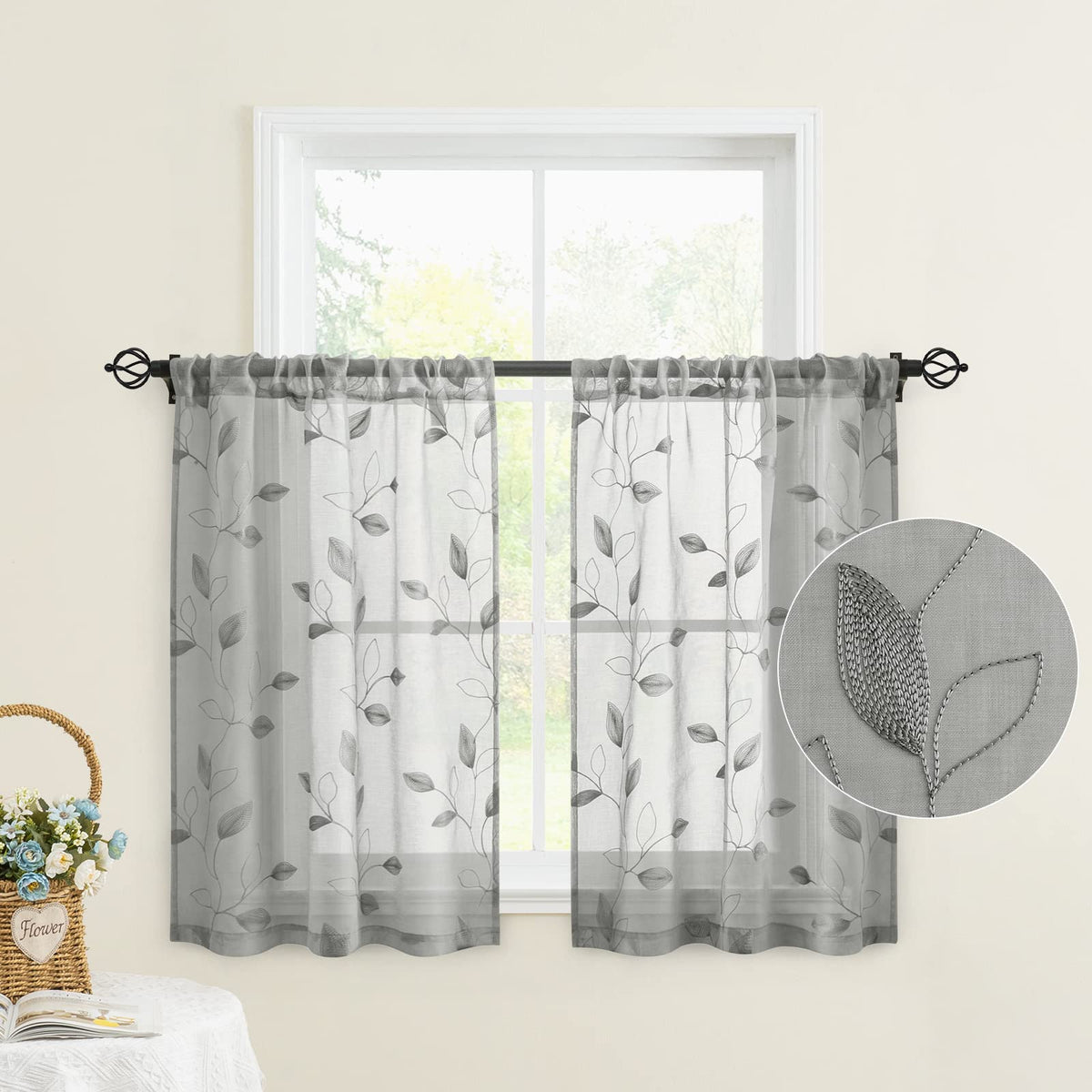 HOMEIDEAS Sage Green Kitchen Tier Curtains Leaf Embroidered, 30x36, 2 Panel
