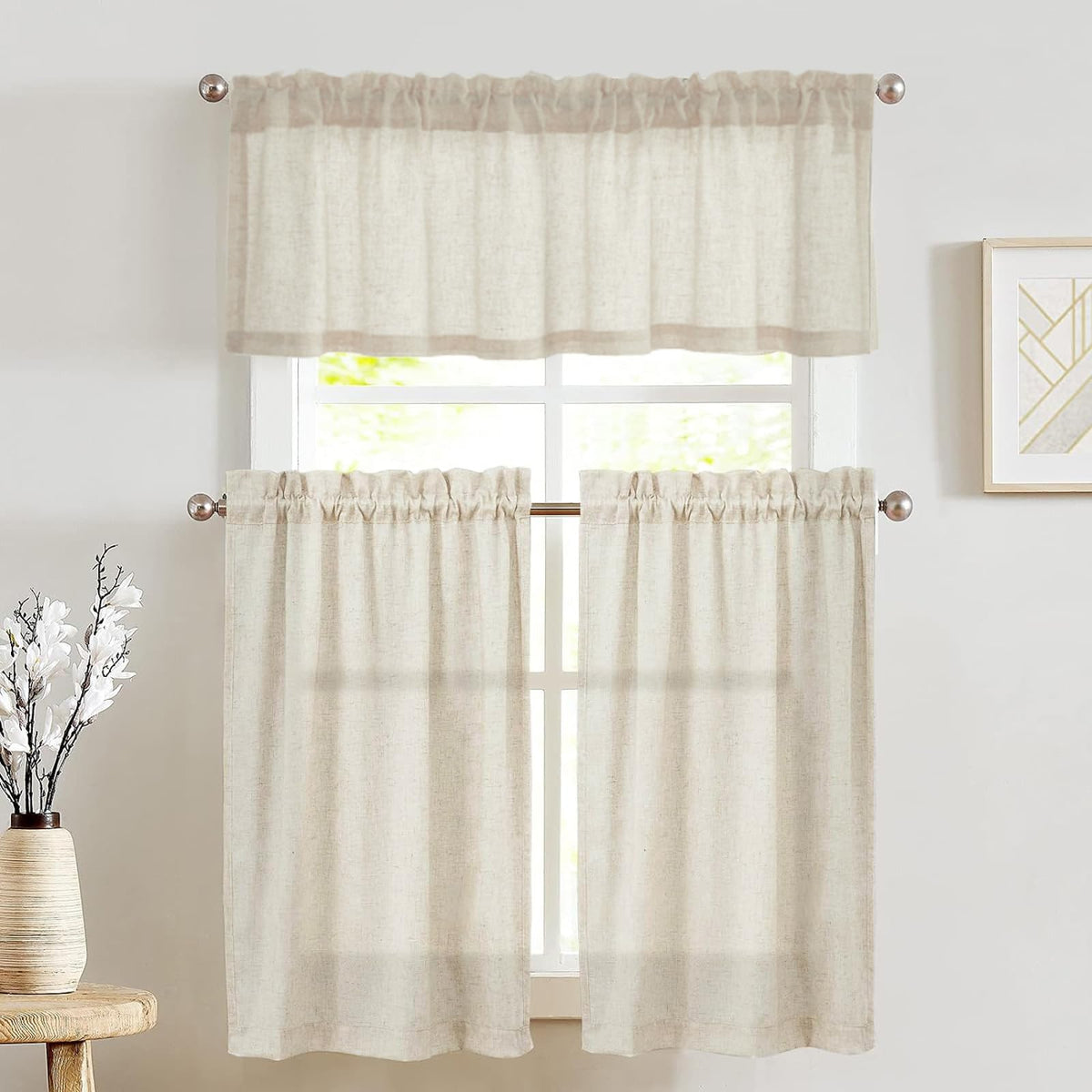 jinchan Linen Pinch Pleated Back Tab Tier Curtains, 26x24, Natural