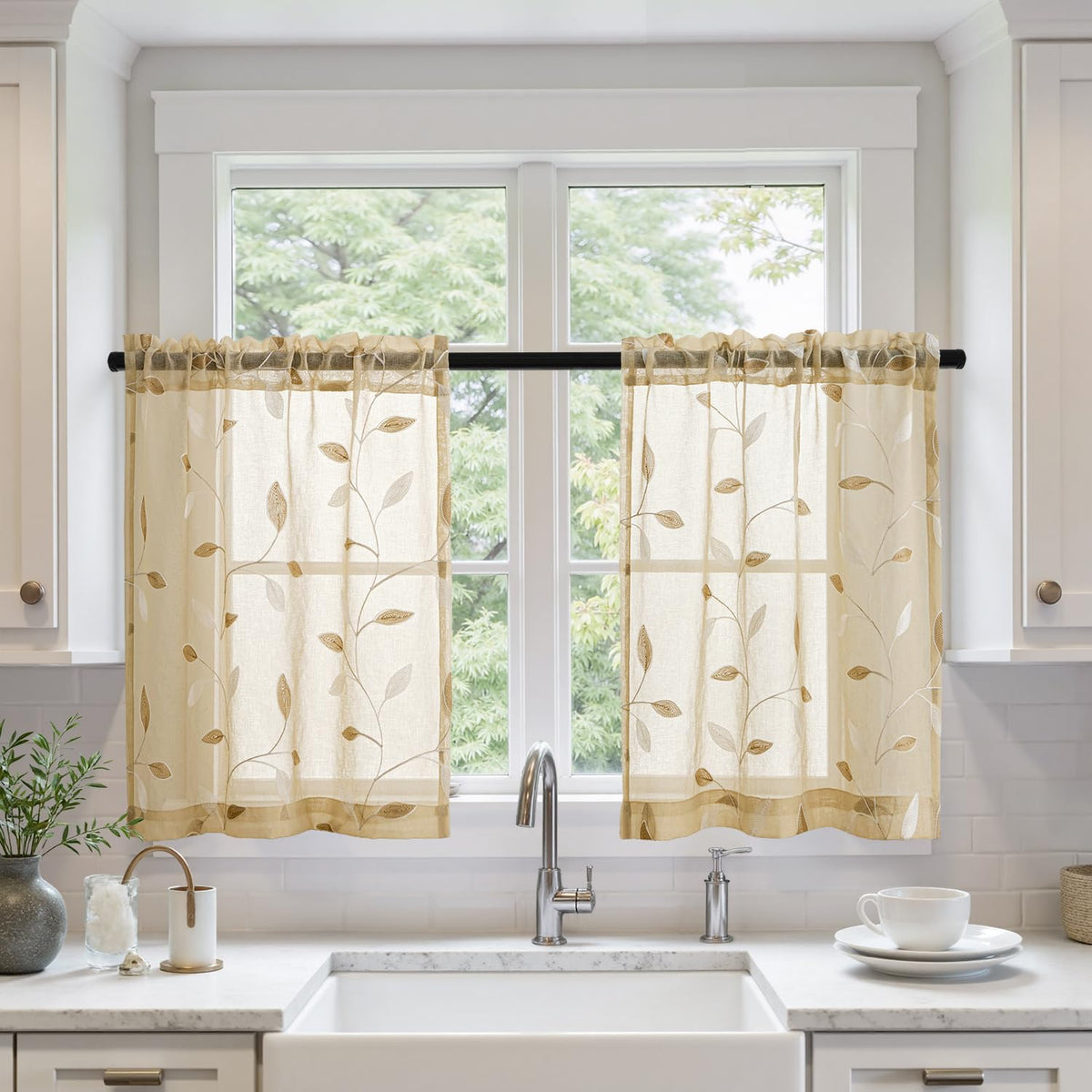 MIULEE Beige Sheer Curtains 2 Panels Embroidered Leaf Patterned, W52 x L63