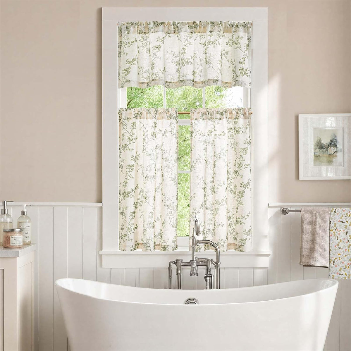 jinchan Green Linen Floral Kitchen Tier Curtains and Valance Set 3 Pieces