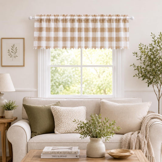 Beda Home Buffalo Check Swag Valance for Kitchen, Coffee/White, 52 x 18 in