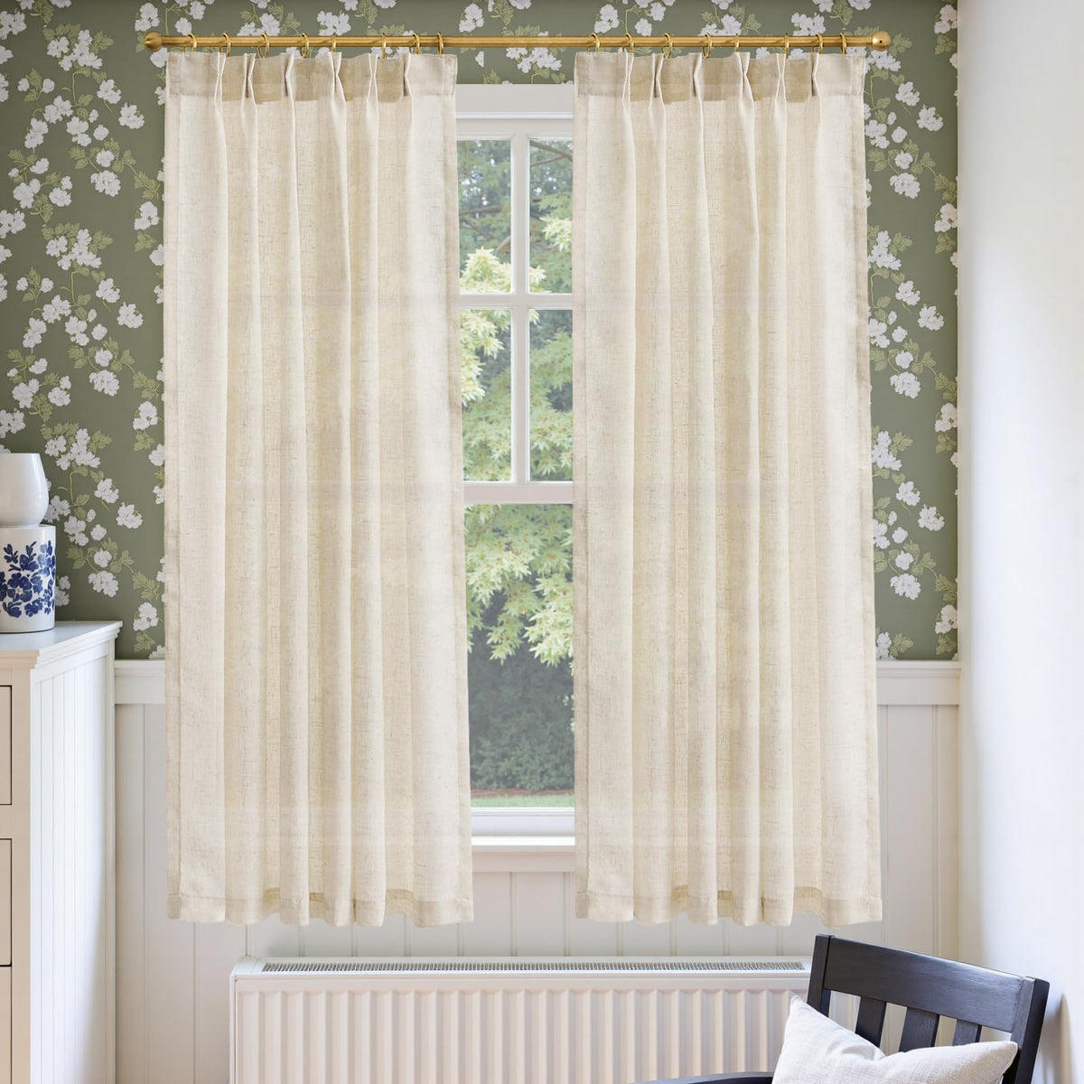 jinchan Linen Pinch Pleated Back Tab Tier Curtains, 26x24, Natural