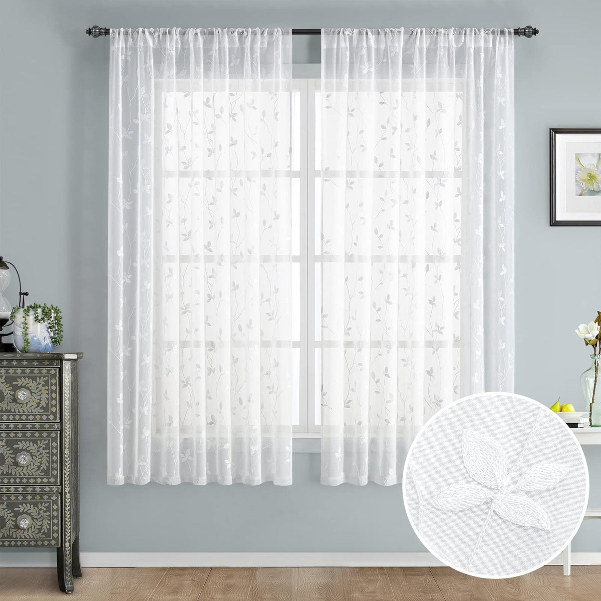HOMEIDEAS Sage Green Kitchen Tier Curtains Leaf Embroidered, 30x36, 2 Panel