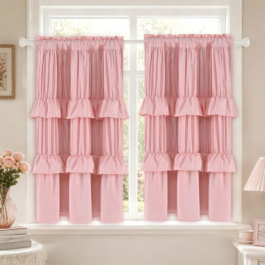 Yinhua Pink Kitchen Curtains 36 Inch Length Ruffle Blackout Cafe Curtains, Farmhouse Rustic Kitchen Window Curtain Rod Pocket Short Tier Curtain for Windows, 26" W x 36" L, 2 Panels