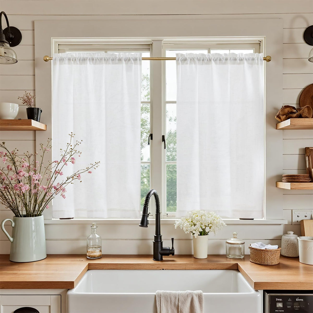 jinchan Linen Pinch Pleated Back Tab Tier Curtains, 26x24, Natural