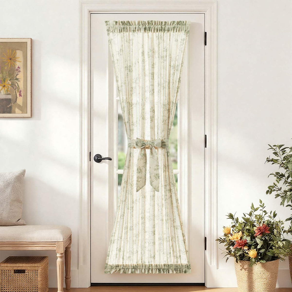 jinchan Blue Linen Floral French Door Curtain 40 Inch Rod Pocket 1 Panel