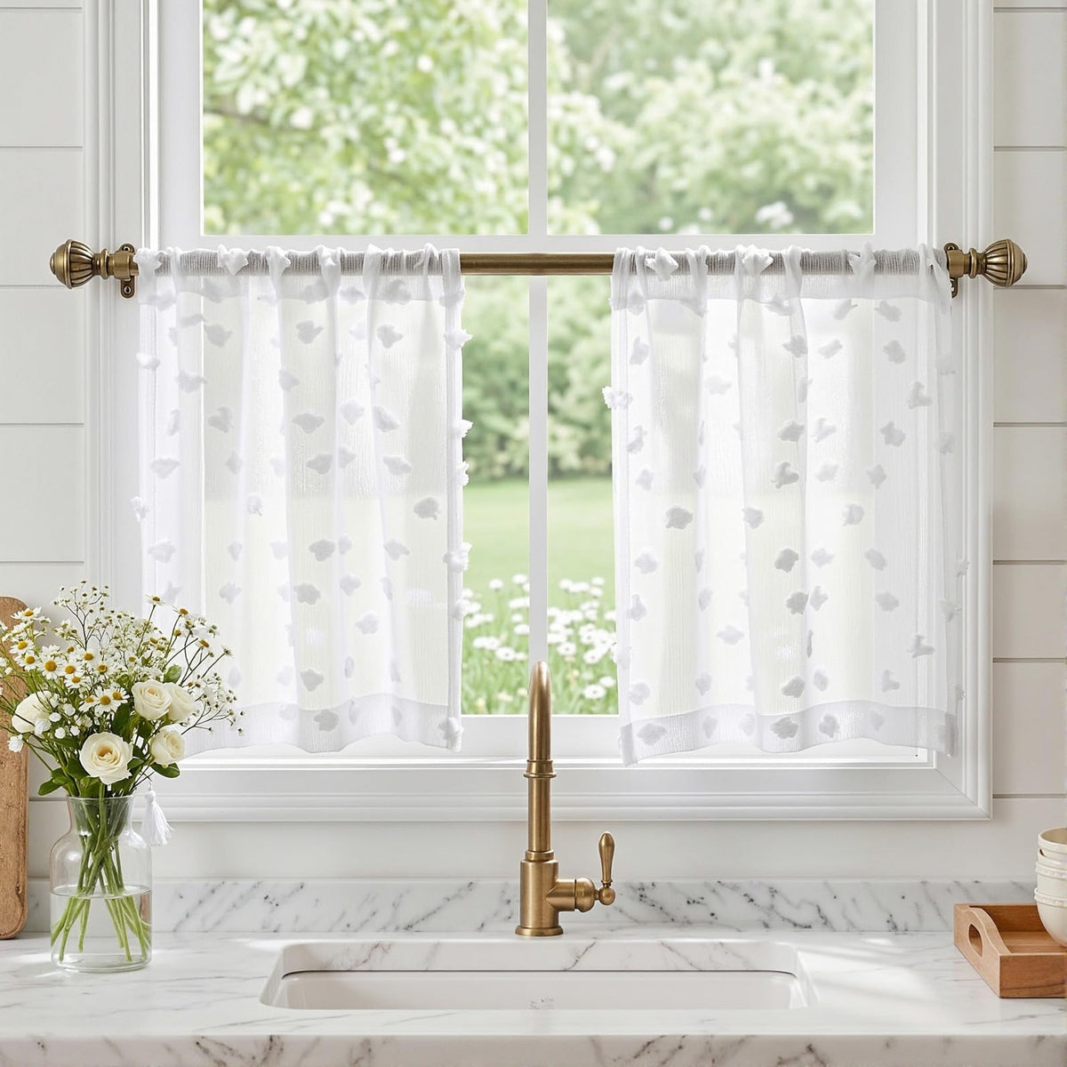 MYSKY HOME White Sheer Curtains 36 inch Length for Small Window,2 Panels