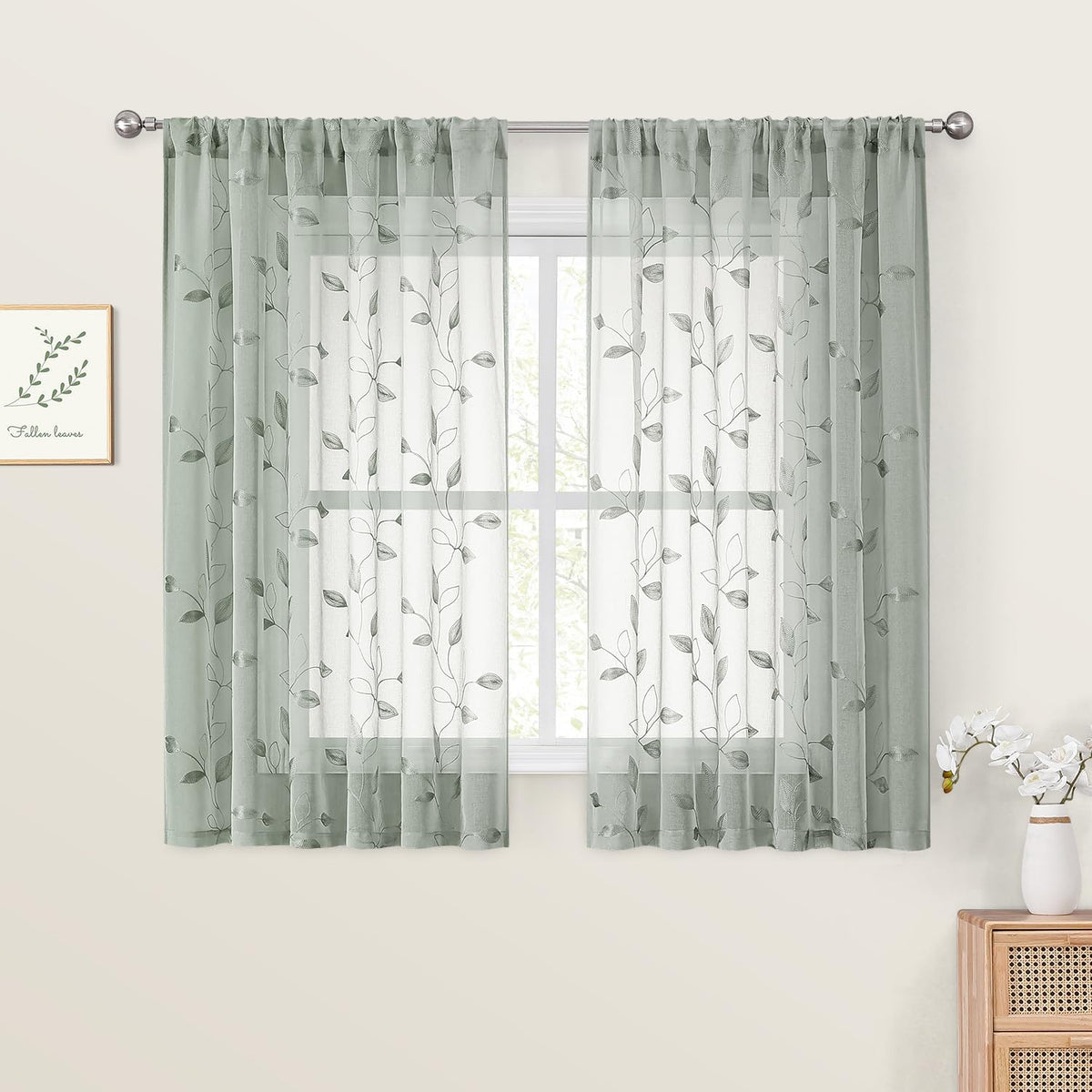 HOMEIDEAS Sage Green Kitchen Tier Curtains Leaf Embroidered, 30x36, 2 Panel