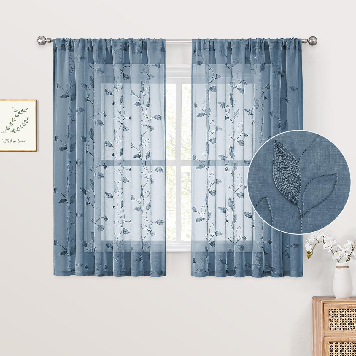 HOMEIDEAS Sage Green Kitchen Tier Curtains Leaf Embroidered, 30x36, 2 Panel