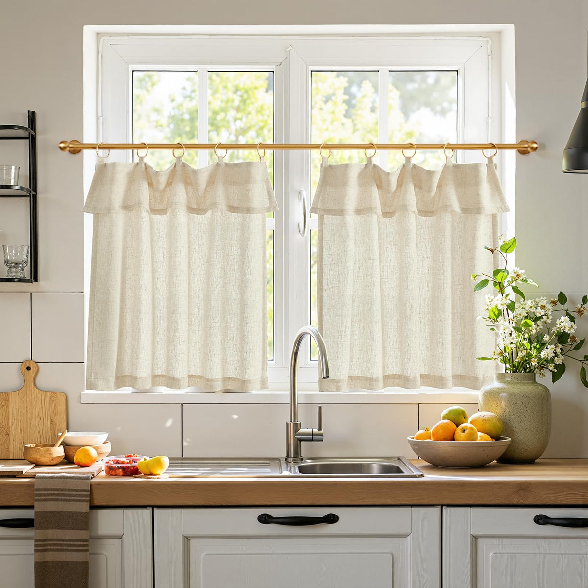 jinchan Linen Pinch Pleated Back Tab Tier Curtains, 26x24, Natural