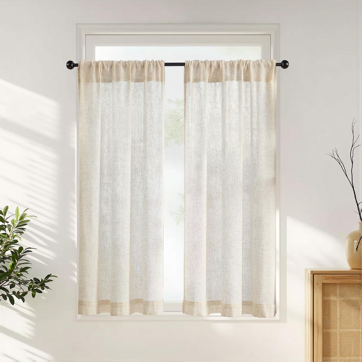 jinchan Hattie Floral Linen Kitchen Tier Curtains Beige 36 in 2 Panels