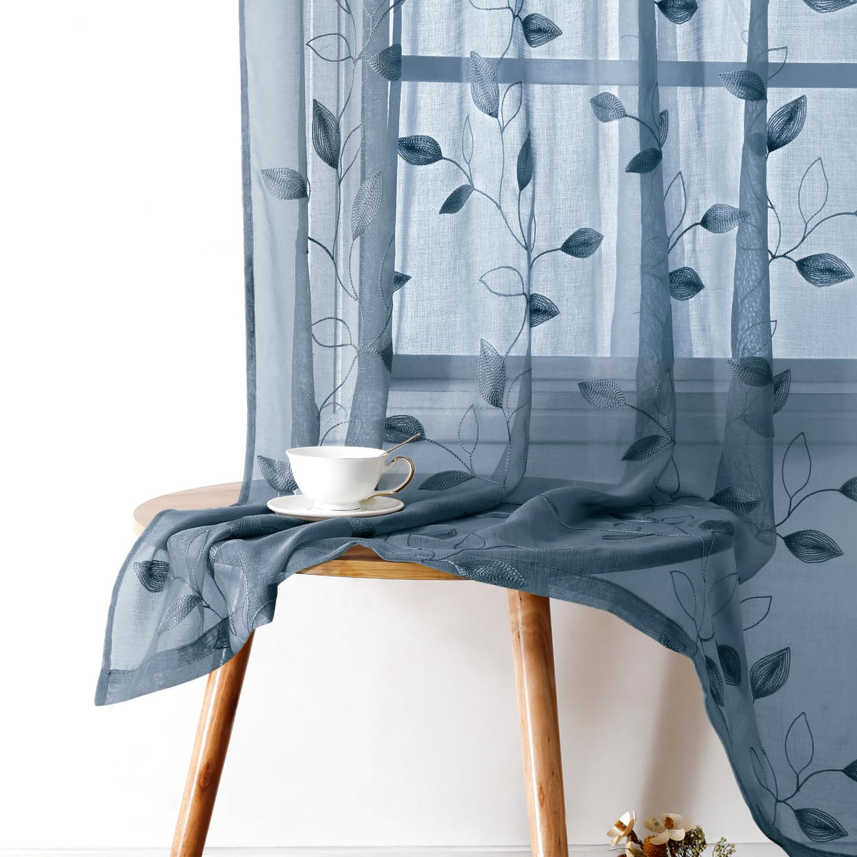 HOMEIDEAS Sage Green Kitchen Tier Curtains Leaf Embroidered, 30x36, 2 Panel