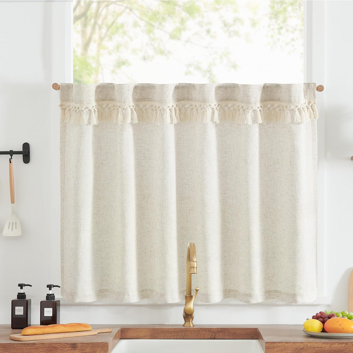 jinchan Linen Pinch Pleated Back Tab Tier Curtains, 26x36, Natural