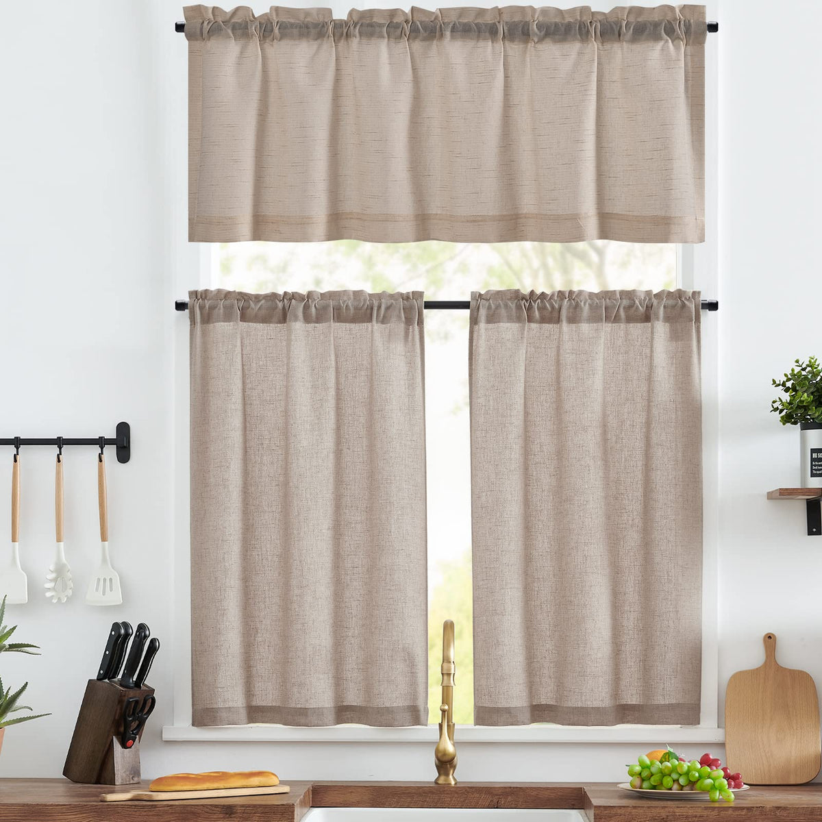 jinchan Linen Pinch Pleated Back Tab Tier Curtains, 26x24, Natural