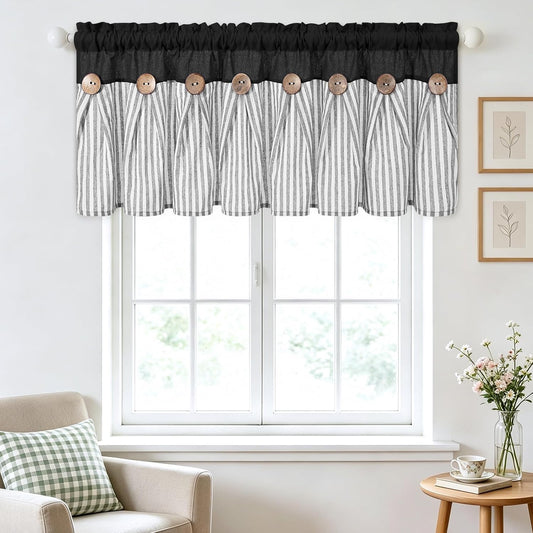 ASPMIZ Cotton Linen Kitchen Valance Curtains, Boho Rustic Button Linen Valances for Windows Farmhouse, Black with Grey Stripe Valance Window Topper Treatment Window Valances for Bathroom, 52 x 18 Inch