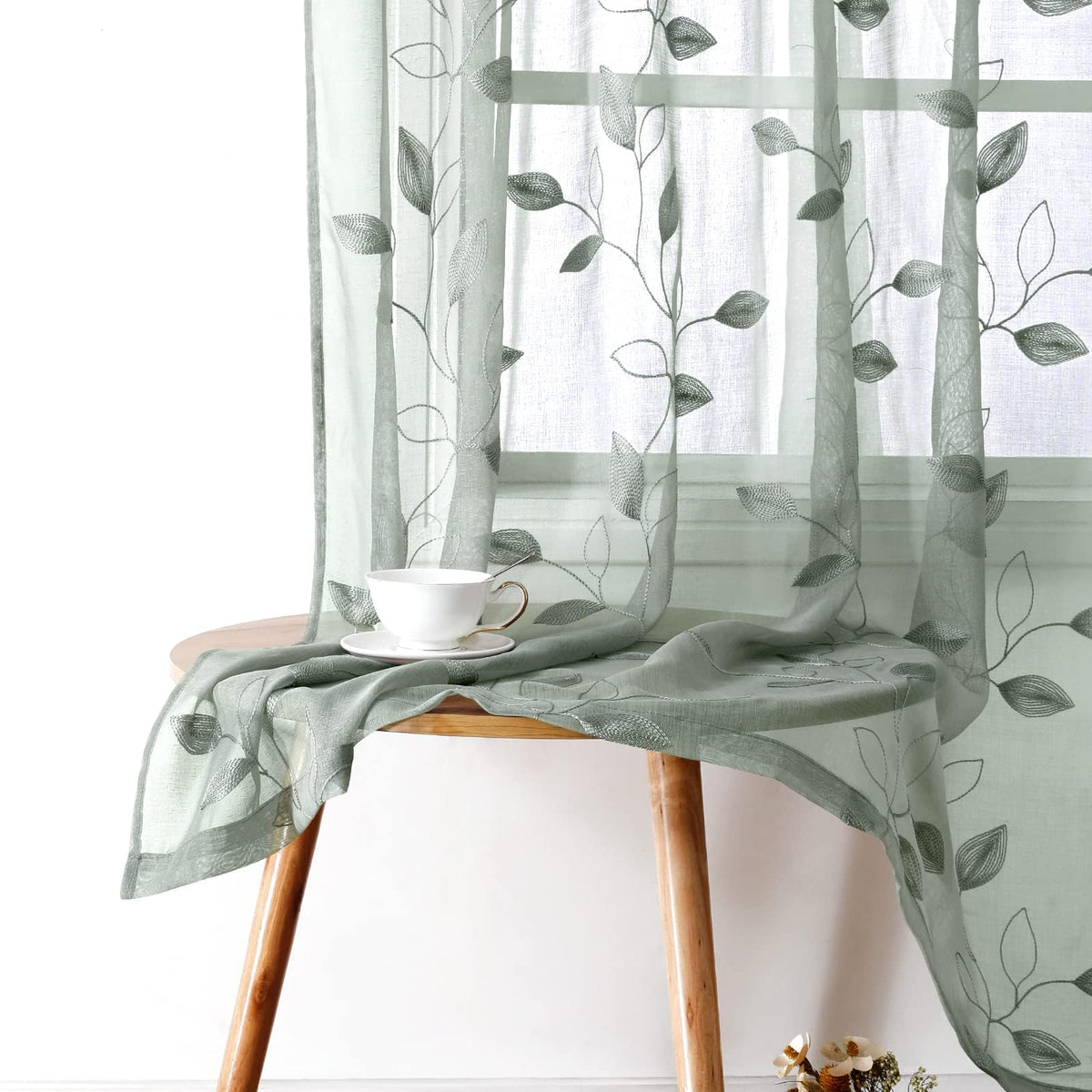 HOMEIDEAS Sage Green Kitchen Tier Curtains Leaf Embroidered, 30x36, 2 Panel