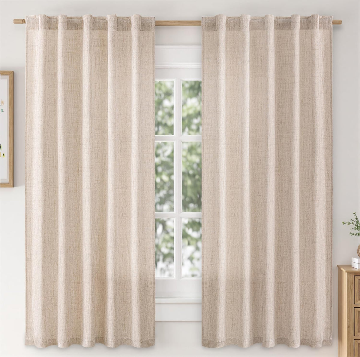 MIULEE 36 Inch Linen Textured Sheer Cafe Curtains Kitchen Window Tan Beige