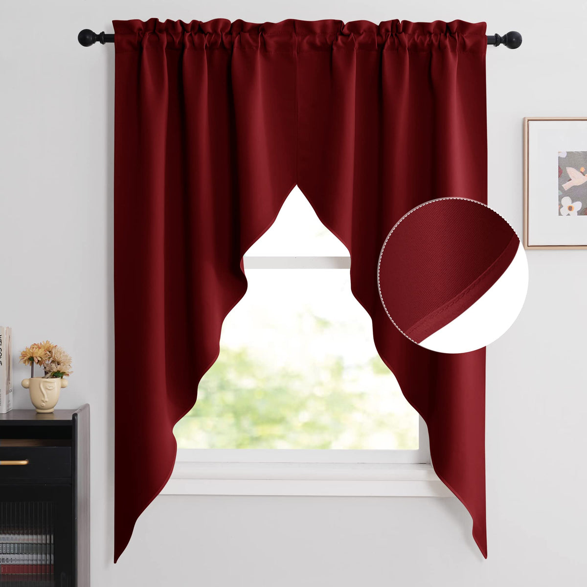 NICETOWN Burgundy Swag Curtains for Kitchen Over Sink 36 x 63 inches Long