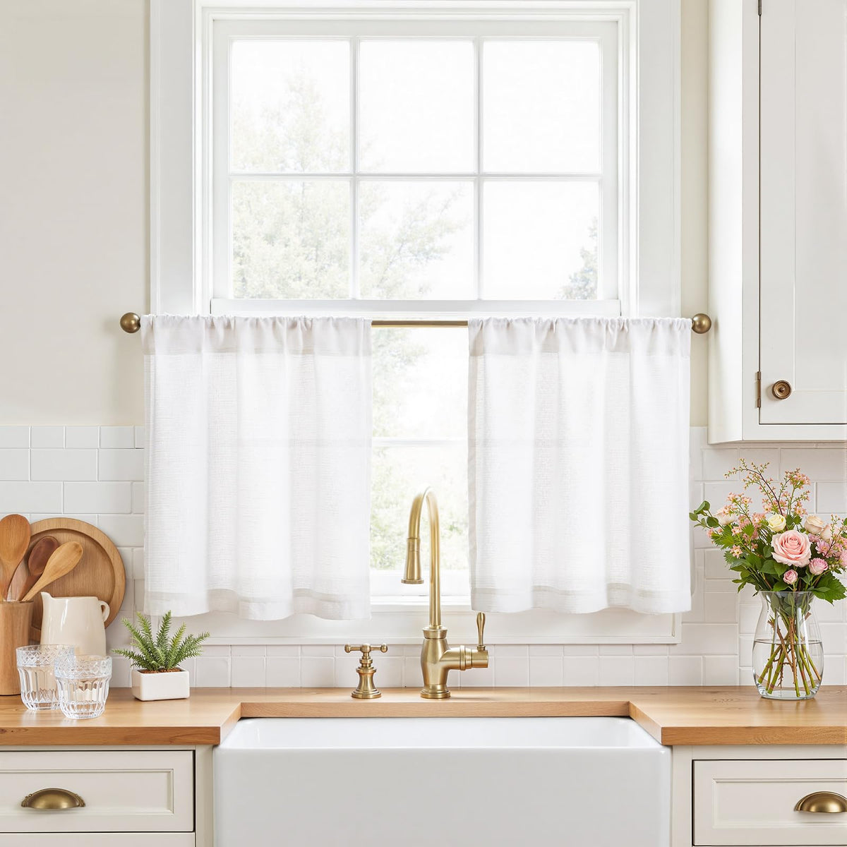 jinchan Linen Pinch Pleated Back Tab Tier Curtains, 26x24, Natural