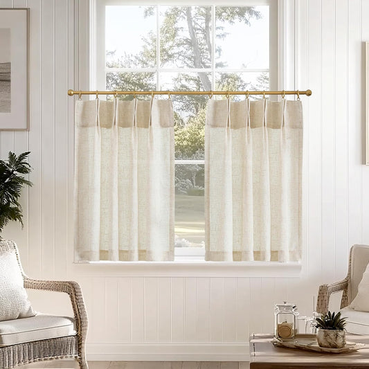 jinchan Linen Pinch Pleated Back Tab Tier Curtains, 26x36, Natural