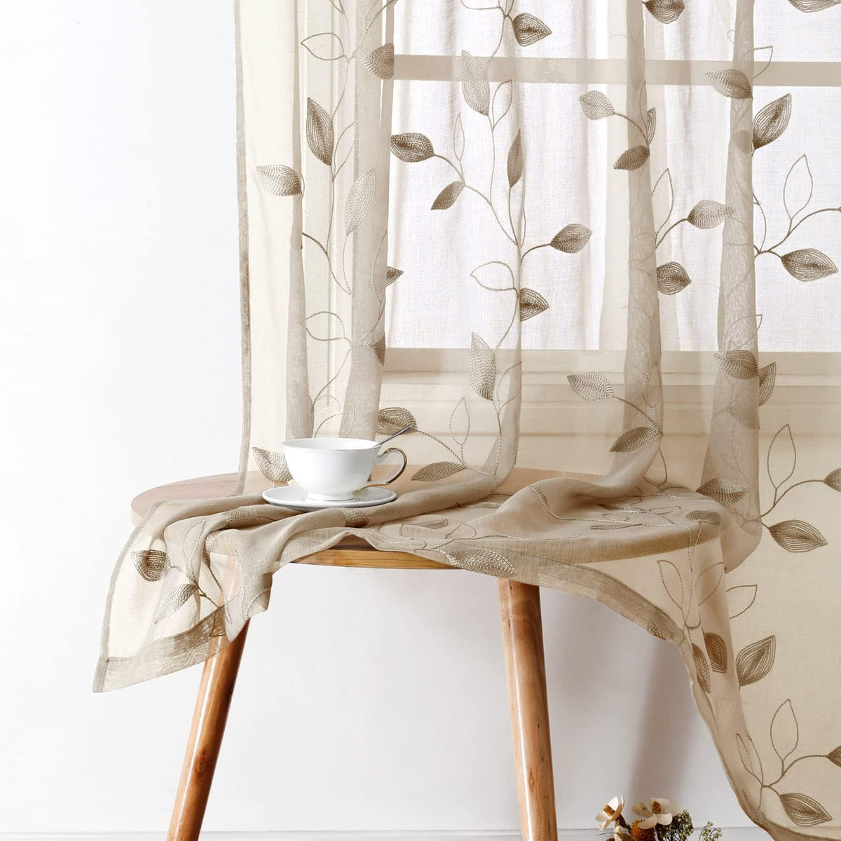 HOMEIDEAS Sage Green Kitchen Tier Curtains Leaf Embroidered, 30x36, 2 Panel