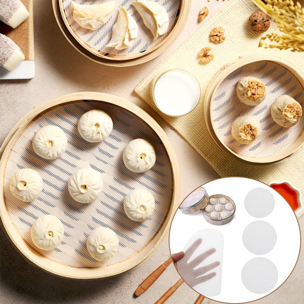 Rolin Roly 5PCS 11.8 inch Silicone Steamer Liners Round Mesh Baking Mats Non-Stick Steamed Reusable Food Grade Pastry Dim Sum Steamer Papers Bamboo Dumpling Mat