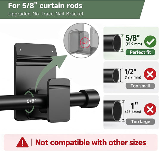 EKOTTOK No Drill Curtain Rod Brackets for 5/8" Rod, Heavy Duty 30LB+, Adhesive & Invisible Nail Curtain Rod Holders, Damage-Free Wall Mount Hooks for Bathroom, Kitchen, Bedroom (8PC, Black)
