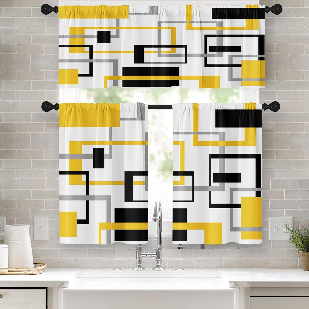 Kitchen Curtains Sets for Windows 52x36 Inch 3 Pack, Geometric