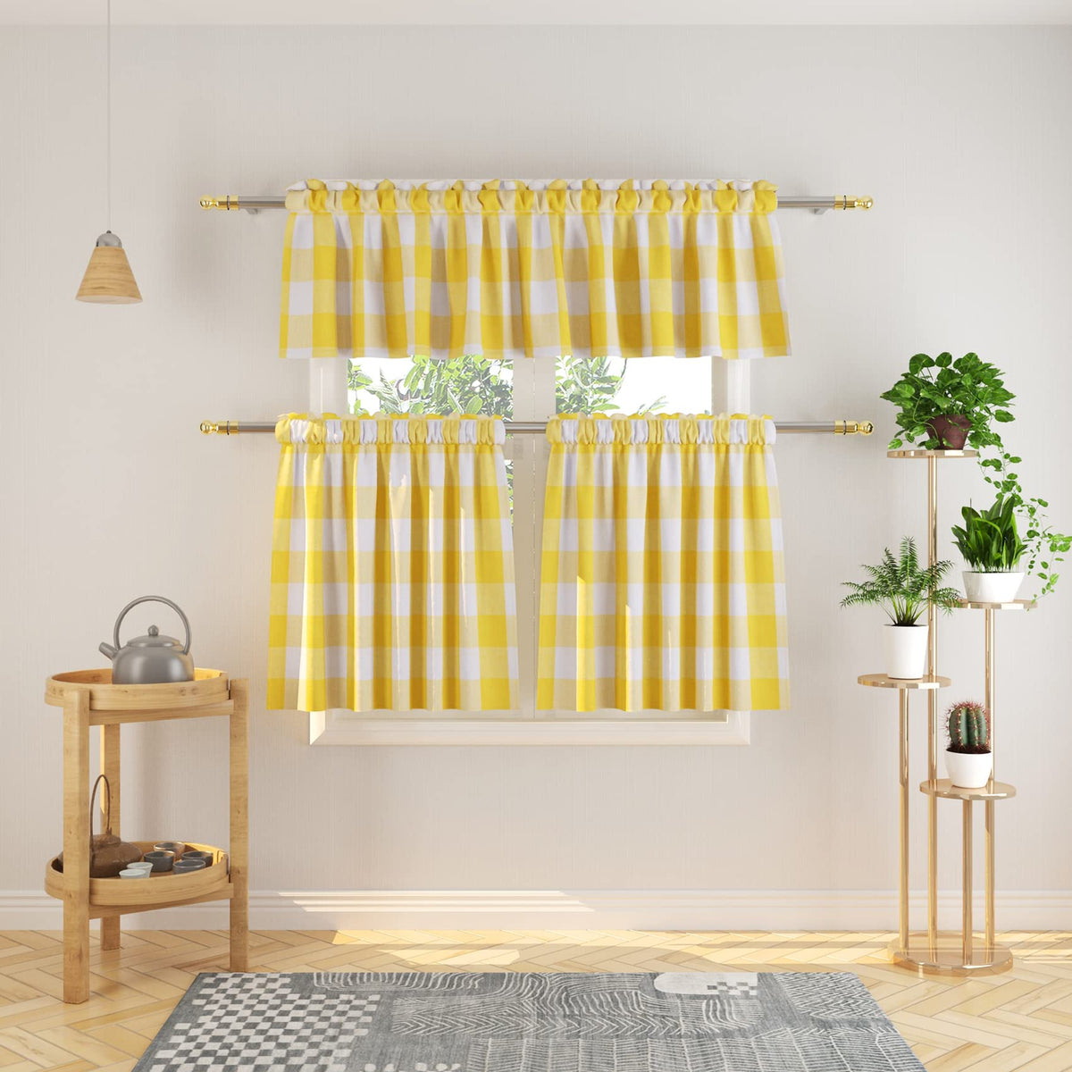 3 Pieces Tier Curtains and Valance Set Buffalo Check Kitchen Tiers Plaid Gingham Rod Pocket Classic Short Small Cafe Curtains Country Farmhouse Cafe Bathroom 54"x18"/27"x24" Brown & White