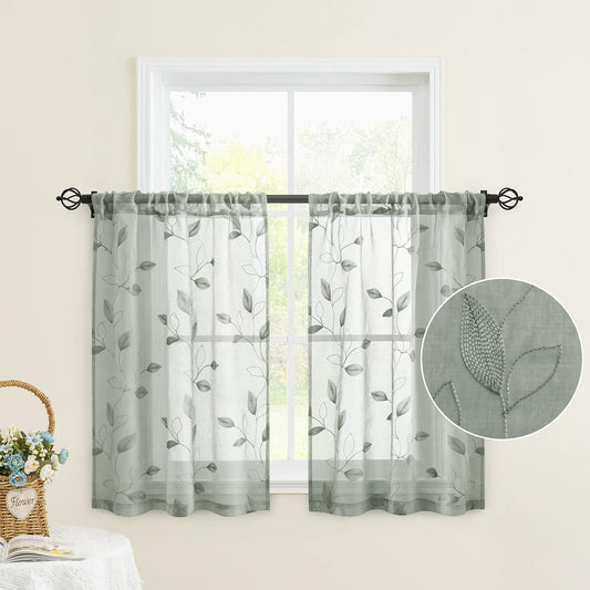 HOMEIDEAS Sage Green Kitchen Tier Curtains Leaf Embroidered, 30x36, 2 Panel